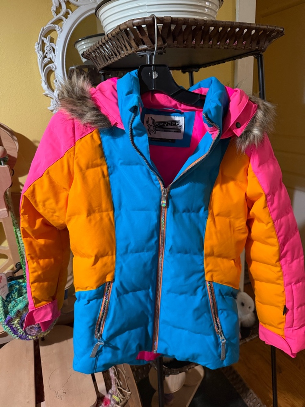 Spyder Colorblock Kids' Puffer Jacket — Blue, Orange & Pink